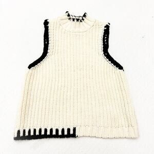 Reserved Poland Cream Sleeveless Knit Crochet Sweater Black Trim Size M